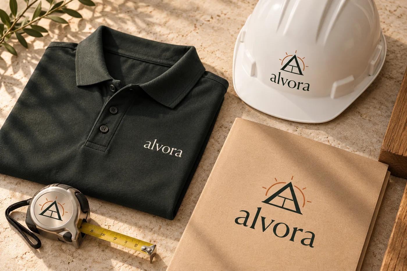 Aplicação conceitual Alvora em uniforme, capacete e pasta