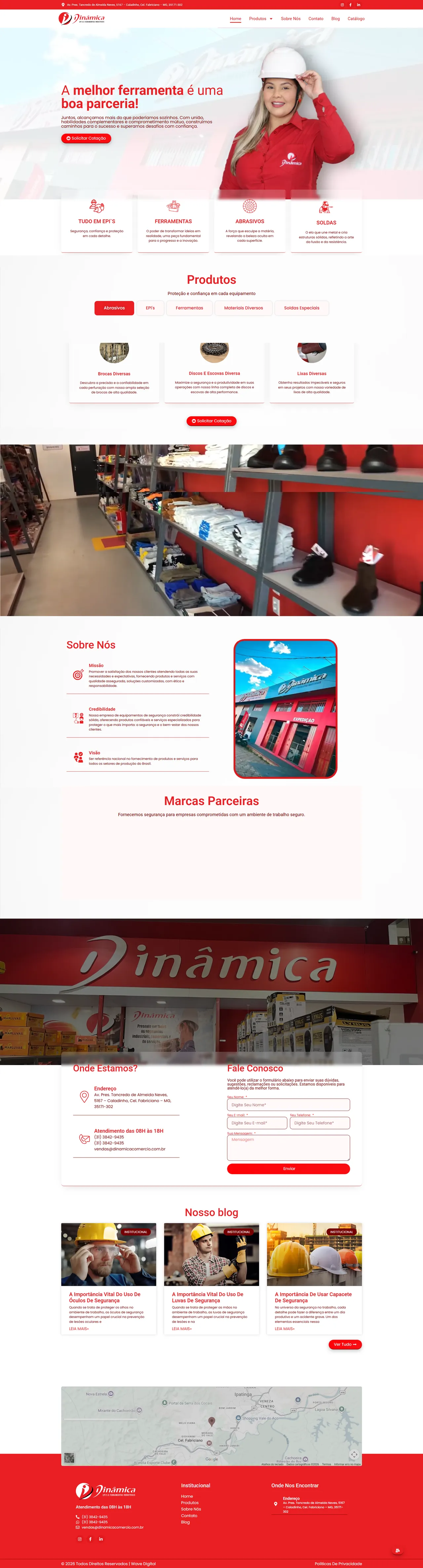 Página inicial completa do site da Dinâmica EPI's